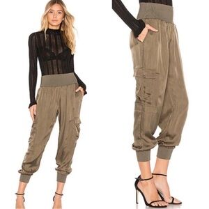 Cinq A Sept Giles Satin Cargo Joggers Pewter Tan Beige XL Classic Luxury Chic